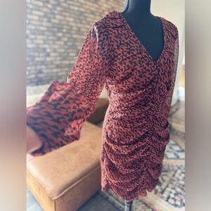 A New Day Women' Long Sleeve Ruched Front Bodycon Dre Brown Geo Print M